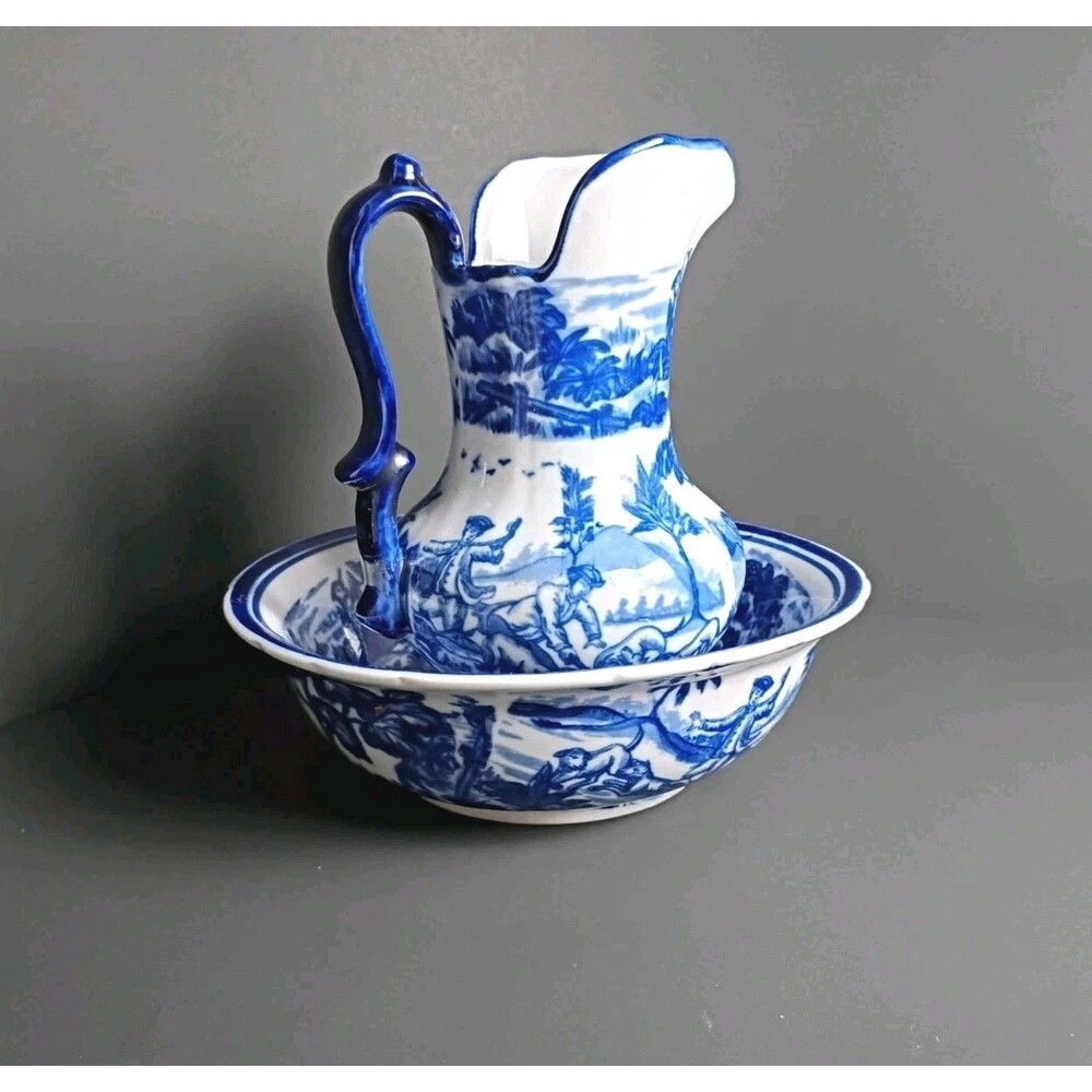 Victoria Ware Ironstone Blue Pitcher Wash Bowl, Flow Blue-Style, Hunting Scenes